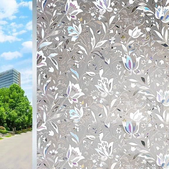 MKEUDQ-Self-Adhesive Frosted Window Film for Office Privacy - Static Cling No Glue Translucent Glass Cover, UV Blocking & Heat Control, Easy DIY Installation (Tulip)