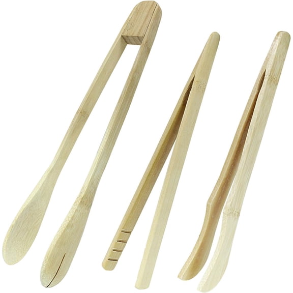 MKEUDQ-Set of 3 Natural Long Wood Kitchen Tongs, Bamboo Toaster Tongs, Wooden Cooking Tongs for Kitchen Picking Up Fruits Bread Bacon Cheese Toast Cake