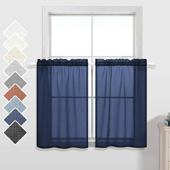 MKEUDQ-Short Curtains 24 Inch Length for Small Window Rod Pocket Semi Sheer Cafe Tier Curtains for Bedroom Navy Blue