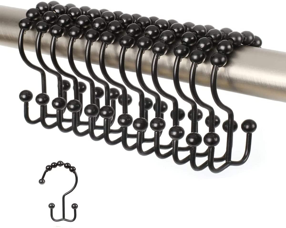 MKEUDQ-Shower Curtain Hooks Rings, Stainless Steel Double Glide Rollers Shower Curtain Rods Hooks for Bathroom, Set of 12 Hooks - Matte Black