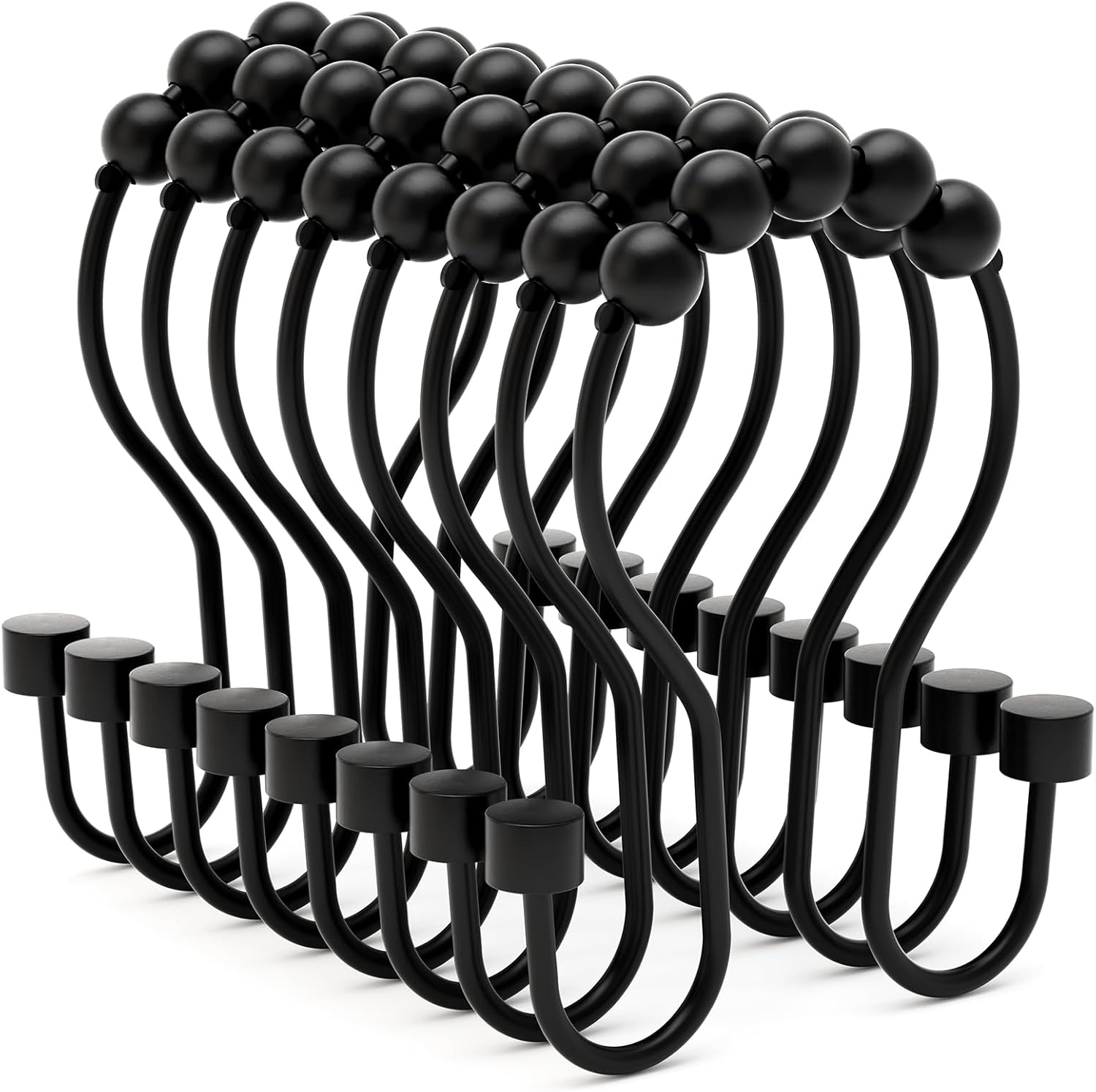 MKEUDQ-Shower Curtain Hooks, Shower Curtain Rings Rust Proof Double Hook Shower Curtain Hooks with Clindrical Design, 12 Pcs Black Shower Hooks for Shower Curtain, Metal Shower Rod Hooks
