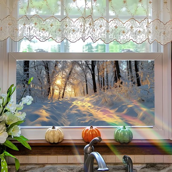 MKEUDQ-Stained Glass Window Film Window Film 3917 Inch Snowy Forest Sunset Wall Decal with Winter Trees on Snow Path Scenic Landscape Mural Window Art for SeasonalHome Living Room Winter