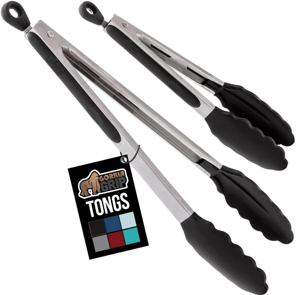 MKEUDQ-Stainless Steel Heat Resistant Kitchen Tongs for Cooking, 9 + 12 Inch, Set of 2 BBQ Tong, Non Scratch Silicone Tip for Pan, Strong Grip, Grab Food, Toss Salad, Air Fryer, Pull Lock, Black
