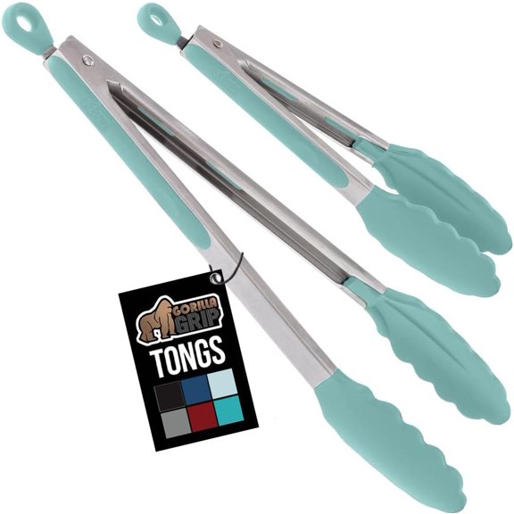 MKEUDQ-Stainless Steel Heat Resistant Kitchen Tongs for Cooking, 9 + 12 Inch, Set of 2 BBQ Tong, Non Scratch Silicone Tip for Pan, Strong Grip, Grab Food, Toss Salad, Air Fryer, Pull Lock, Mint