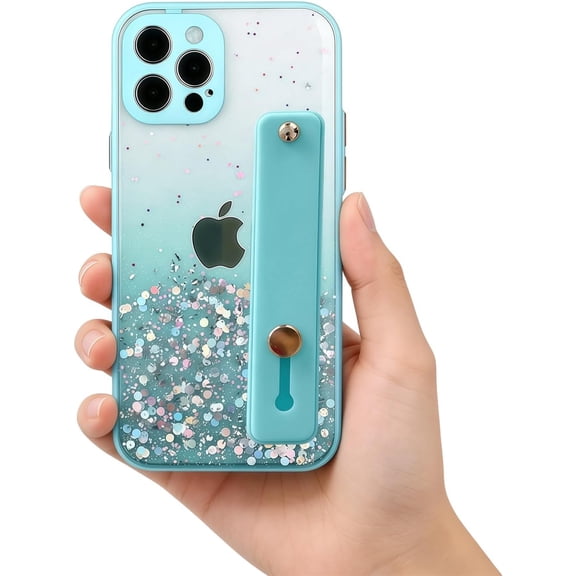 MKEUDQ-Strap Case for 6.7" iPhone 12 Pro Max with Wristband Kickstand, Bling Glitter Sparkle Clear Cover Soft TPU Bumper Adjustable Hand Grip Loop for iPhone 12 Pro Max 6.7 Inch, Green