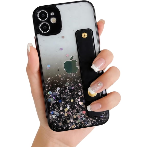 MKEUDQ-Strap Holder Case for 6.1" iPhone 12 with Wristband Kickstand, Bling Glitter Sparkle Clear Cover Soft TPU Bumper Adjustable Hand Grip Loop for iPhone 12 6.1 Inch, Black