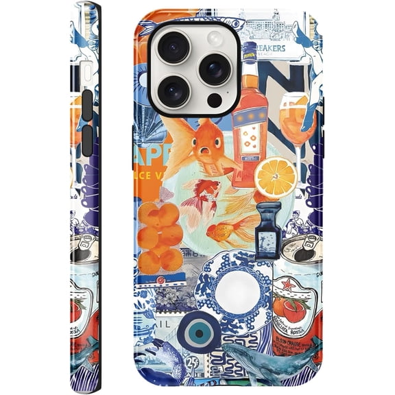 MKEUDQ-Summer Case Compatible with for iPhone 15 Pro Max 6.7'', Vintage Fish European Collage Blue Aesthetic Cute Protective Phone Case,Trendy Scratch Resistant Shockproof Cover Case for Girl Boy Wom
