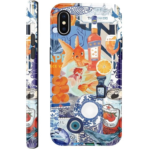 MKEUDQ-Summer Case Compatible with for iPhone X 5.8'', Vintage Fish European Collage Blue Aesthetic Cute Protective Phone Case, Trendy Scratch Resistant Shockproof Cover Case for Girl Boy Women Men