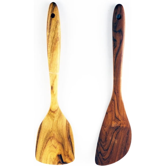 MKEUDQ-Teak Wood Kitchen Utensil Set 2-Piece Set Ergonomic Design Stylish and Functional Eco-Friendly Handcrafted Non-Scratch for Non-Stick Cookware