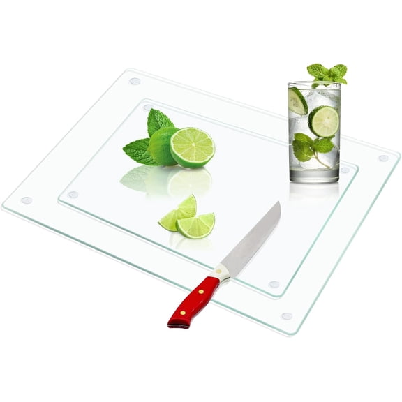 MKEUDQ-Tempered Glass Cutting Boards for Kitchen, 12"x16" & 8"x12" Glass Cutting Board Set, Clear Cutting Boards with Non Slip Foot, Heat and Scratch Resistant, Shatterproof
