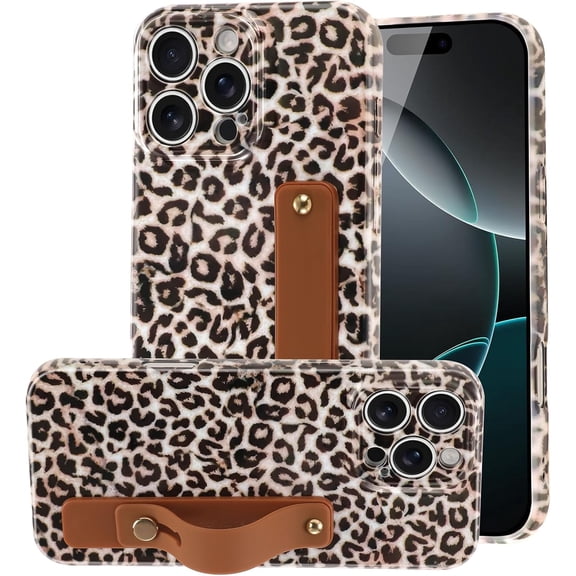 MKEUDQ-Tortoise Shell Case Compatible for iPhone 16 Pro Case with Wrist Strap, Adjustable Wristband Kickstand Cover Cute Stylish Leopard Aesthetic Tortoise Amber Design for Women Girls Men