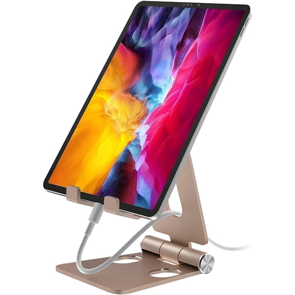 MKEUDQ-U-Rise XL Adjustable Aluminum Tablet Stand iPad Holder Foldable Phone Stand Compatible with iPhone iPad Pro 11, 9.7, 10.5 Air Mini 4 3 2, Nexus, Tab, E-Reader (4-12") Gold
