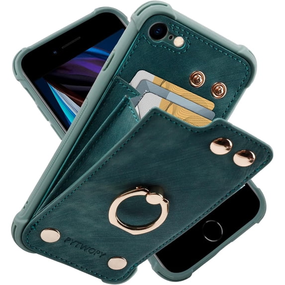 MKEUDQ-Wallet Case Compatible for iPhone SE 2022/2020,iPhone 7/8 with Card Holder,Shockproof Phone Cover Supports 360°Rotation Ring Stand and RFID Blocking for iPhone SE2/SE3/7/8,Blue Green