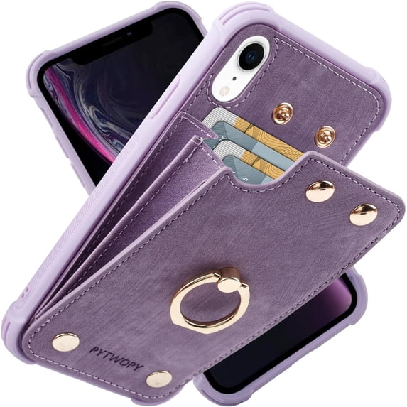 MKEUDQ-Wallet Case Compatible for iPhone XR/10R with Credit Card Holder,Leather Shockproof Protective Phone Cover Supports 360°Rotation Ring Stand and RFID Blocking for iPhone XR,iPhone 10R,Lavenders
