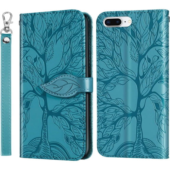 MKEUDQ-Wallet Case for iPhone 7 Plus/for iPhone 8 Plus with Card Holder/Slot,PU Leather Flip Folio Shell [Magnetic Closure][Wrist Strap][Kickstand] Shockproof Cover,Turquoise