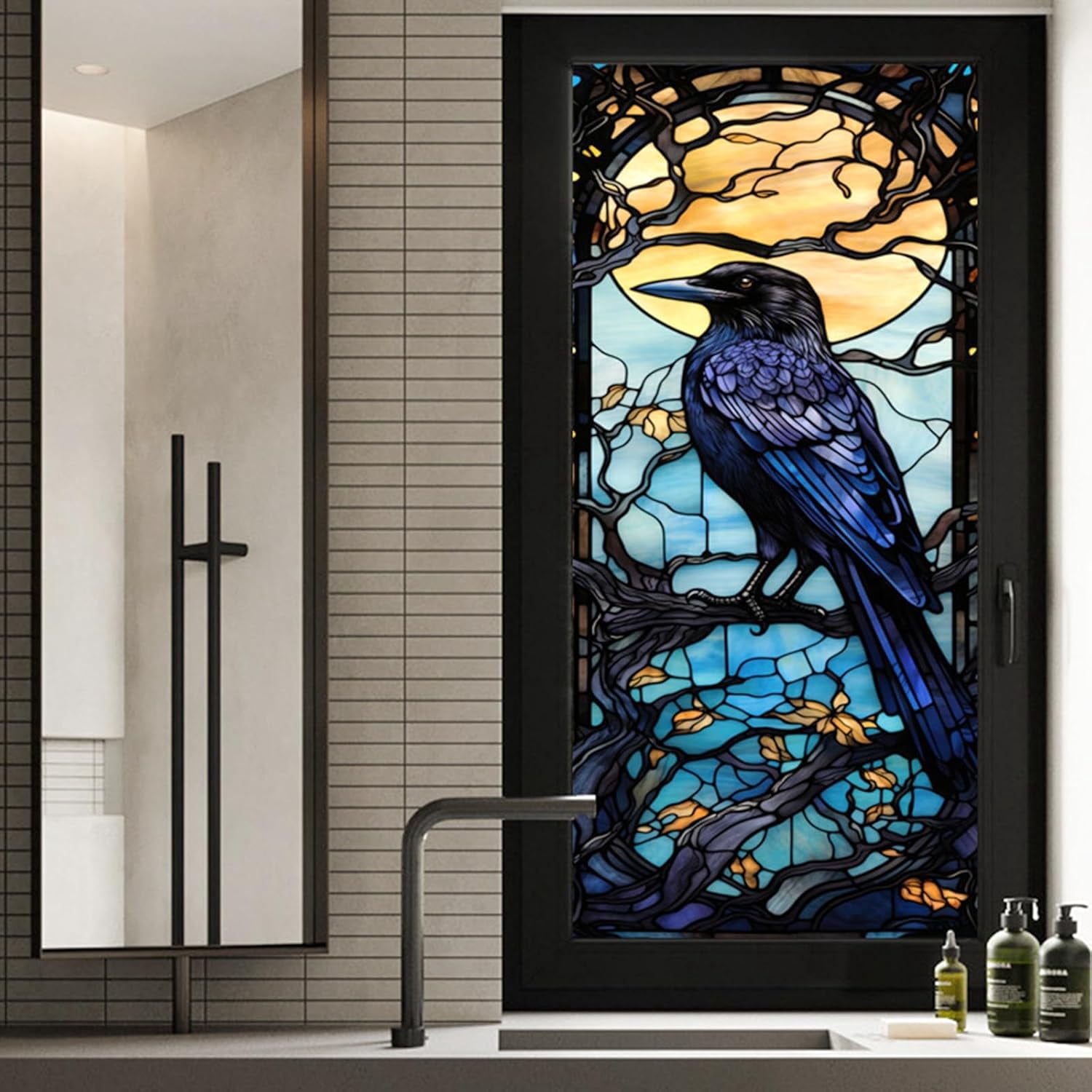 MKEUDQ-Window Privacy Film Crow Stained Glass Window Film Frosted Glass Cling Privacy Film Heat Blocking Static Cling Day and Night Home Door 17.7"x39.5"