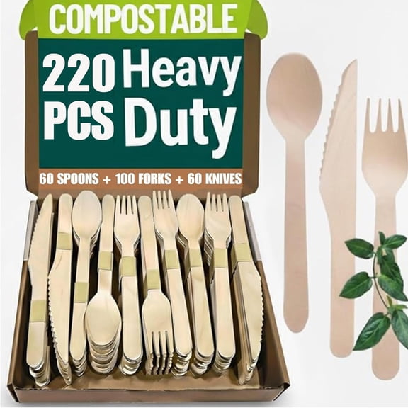 MKEUDQ-Wooden Cutlery Set Disposable - 220 PCS Wooden Compostable forks and Spoons with 100 Forks, 60 Spoons, and 60 Knives - Disposable Utensils Set for Outdoor, Party, Camping & More