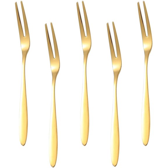 MKEUDQ-ZAAWUUT Stainless Steel Appetizer Forks,Set of 5,Reusable 2 Prong Mini Forks for Dessert,Fruit,Cocktails,Parties,Travel,5.1 Inch/13cm (Gold)