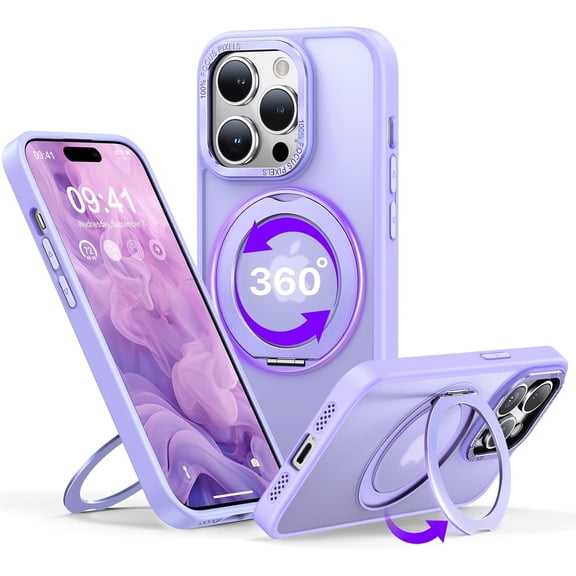 MKEUDQ-case for iPhone 14pro, 360 Rotatable Ring Stand, Raised Camera Frame, Shockproof Lilac