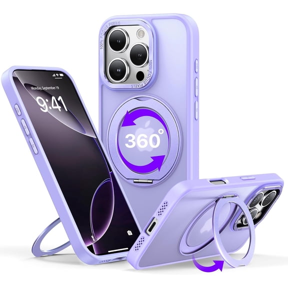 MKEUDQ-case for iPhone 16promax, 360 Rotatable Ring Stand, Raised Camera Frame, Shockproof Lilac