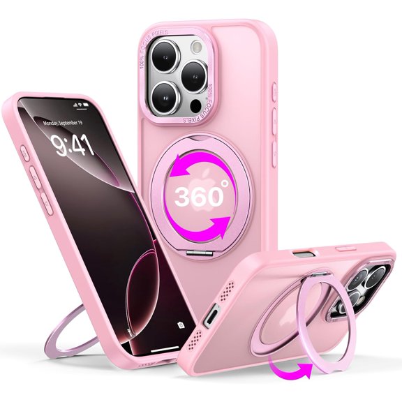 MKEUDQ-case for iPhone 16promax, 360 Rotatable Ring Stand, Raised Camera Frame, Shockproof Pink