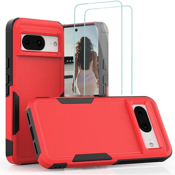 MKEUDQ-for Google Pixel 8 Case 2023, Heavy Duty Anti Scratch Shockproof Phone Case, Hard Back & Soft TPU Bumper Hybrid Protective Cover for Google Pixel 8, Red