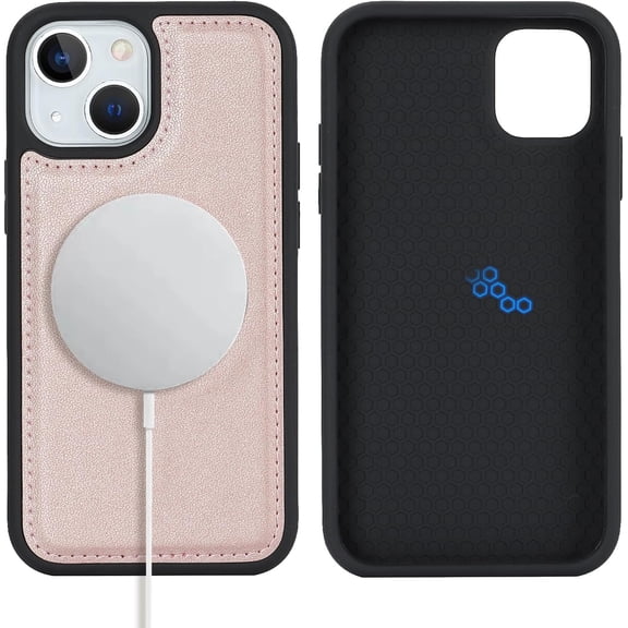 MKEUDQ-for Magsafe Magnetic case for iPhone 14 Plus Leather case magsafe Compatible Wireless Charging-Rose Gold
