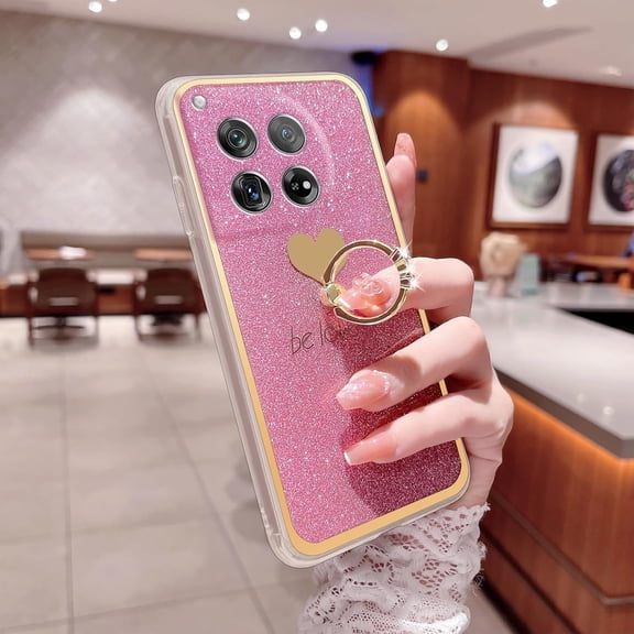 MKEUDQ-for OnePlus 12 Phone Case (6.82-inch) with Cute Heart Ring Stand Glitter Slim Soft Women Shockproof Protective Cover - Pink