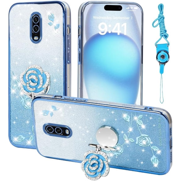 MKEUDQ-for Oneplus 6T Case, Mobile Phone Case for Plus One 6T Cute Soft Slim Cover for Girls Women with Ring Stand Strap Lanyard Shockproof Protective Cover for Oneplus 1+6T (Blue)