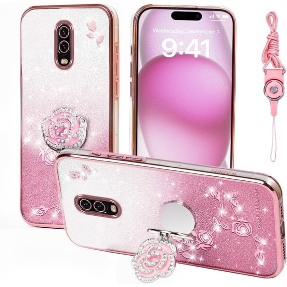 MKEUDQ-for Oneplus 6T Case, Mobile Phone Case for Plus One 6T Cute Soft Slim Cover for Girls Women with Ring Stand Strap Lanyard Shockproof Protective Cover for Oneplus 1+6T (Rose Gold)