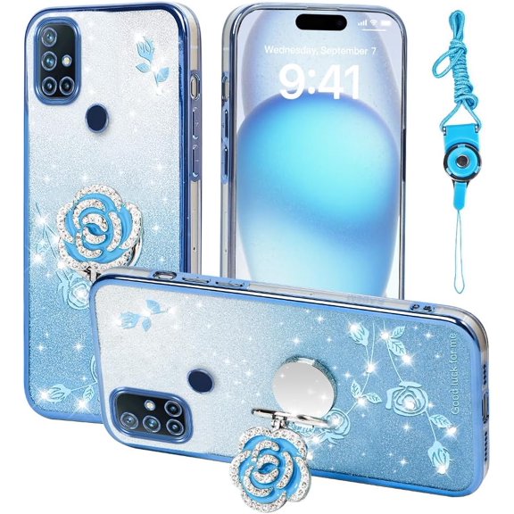 MKEUDQ-for Oneplus Nord N10 Case, Mobile Phone Case for Plus One 1+ Cute Soft Slim Cover for Girls Women with Ring Stand Strap Lanyard Shockproof Protective Cover for Oneplus 1+Nord N10 (Blue)