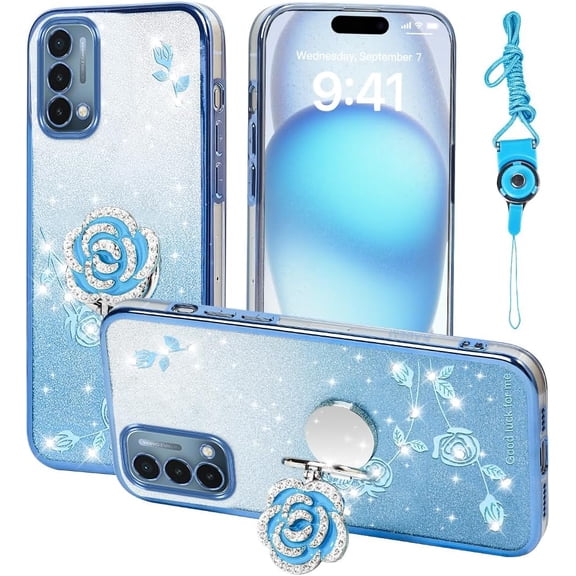 MKEUDQ-for Oneplus Nord N200 Case, Mobile Phone Case for Plus One 1+ Cute Soft Slim Cover for Girls Women with Ring Stand Strap Lanyard Shockproof Protective Cover for Oneplus 1+Nord N200 (Blue)