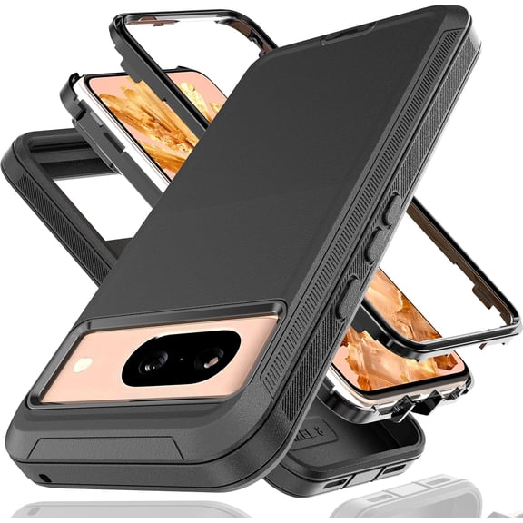 MKEUDQ-for Pixel 8a Case with Explosion-Proof Film[2 Pack],3 in 1 Shockproof TPU Hard PC Bumper Drop-Proof Shell for Pixel 8a Black