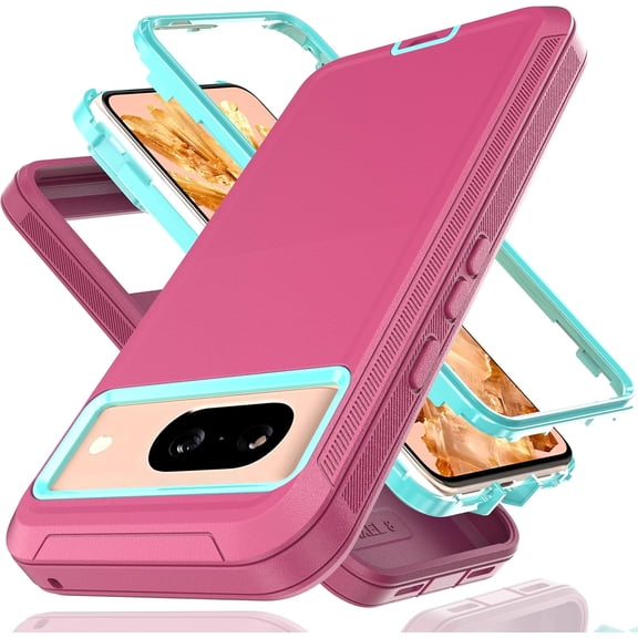 MKEUDQ-for Pixel 8a Case with Explosion-Proof Film[2 Pack],3 in 1 Shockproof TPU Hard PC Bumper Drop-Proof Shell for Pixel 8a Pink with Sky Blue