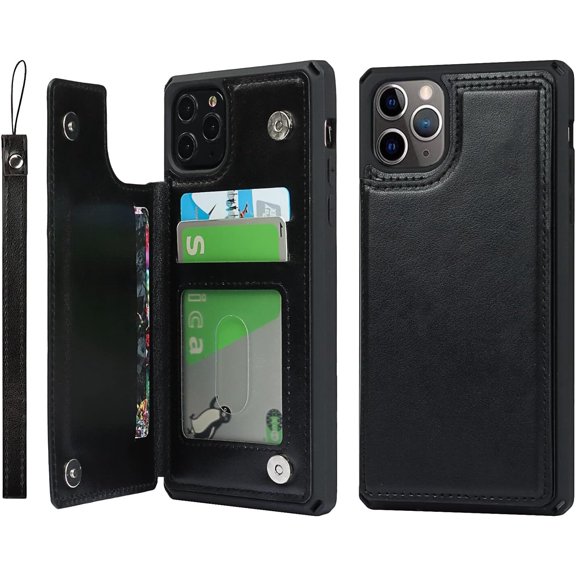MKEUDQ-for iPhone 11 Pro Max Case with Card Holder,Wallet Case with Credit Card Holders for iPhone11ProMax Phone Case,[with Strap] PU Leather Shockproof Cover for Women and Men- Macaron Black