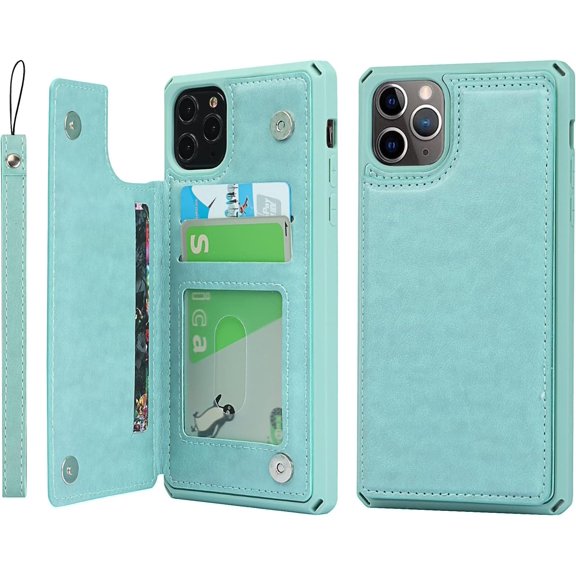 MKEUDQ-for iPhone 11 Pro Max Case with Card Holder,Wallet Case with Credit Card Holders,[with Strap] PU Leather Shockproof Cover for Women and Men- Macaron Green