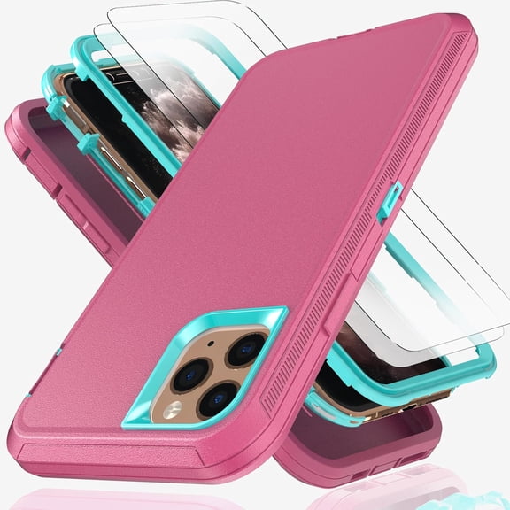 MKEUDQ-for iPhone 11 pro Case with Explosion-Proof Film[2 Pack],3 in 1 Shockproof TPU Hard PC Bumper Drop-Proof Shell for iPhone 11 pro,Pink with Sky Blue