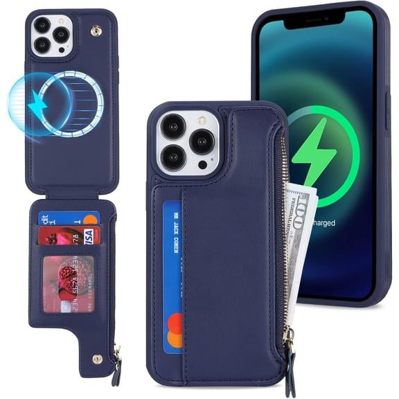 MKEUDQ-for iPhone 12 Pro Max Case with Card Holder,for iPhone 12 Pro Max Wallet Case for Women,Compatible with Magsafe,Shockproof Zipper Cover-Blue
