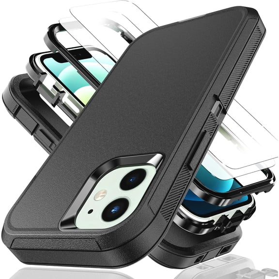 MKEUDQ-for iPhone 12 mini Case,iPhone 13mini Case with Explosion-Proof Film[2 Pack],3 in 1 Shockproof TPU Hard PC Bumper Drop-Proof Shell for iPhone 12 mini,iPhone 13 mini,Black