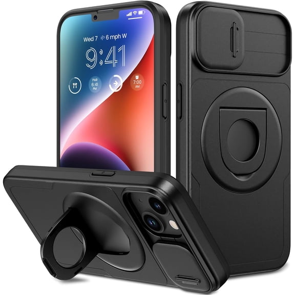 MKEUDQ-for iPhone 13 Case with Slide Camera Cover, iPhone 14 case [Compatible with MagSafe] Built-in 360 Kickstand, Military Grade Shockproof Protective Magnetic Phone Case for iPhone 13 & 14-Black