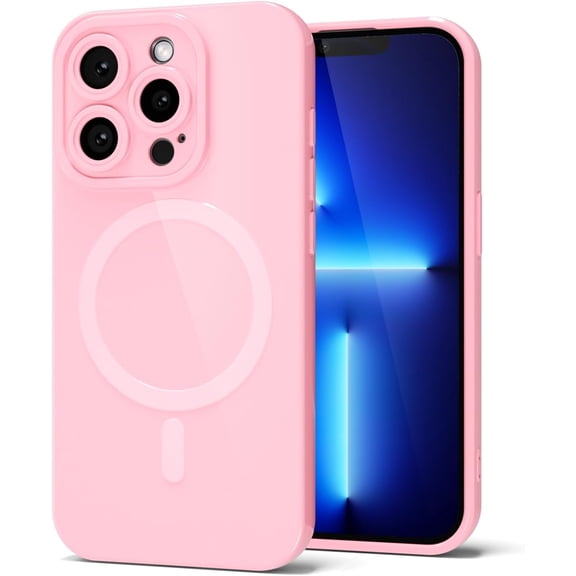 MKEUDQ-for iPhone 13 Pro Max Phone Case Silicone Magnetic, Compatible with Magsafe Case Cute for Women, Girly Glossy Jelly Rubber Thin Slim Hard Plastic Mag Safe & Camera Cover Protection, Light Pink