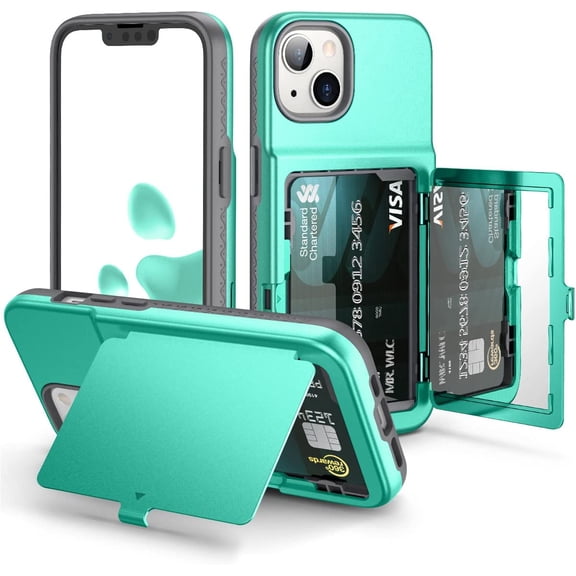 MKEUDQ-for iPhone 13 / iPhone 14 Wallet Case with Credit Card Holder & Hidden Mirror, Two Layer Shockproof Heavy Duty Protection Cover Protective Case for iPhone 13/14 6.1 Inch-Mint Green