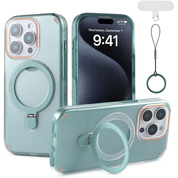 MKEUDQ-for iPhone 14 Pro Max Case with Adjustable Magnetic Stand, Two-in-one Phone Case, Compatible with Magsafe, Drop&Shockproof, Ring Lanyard and Pad Included, 6.7inch, Green