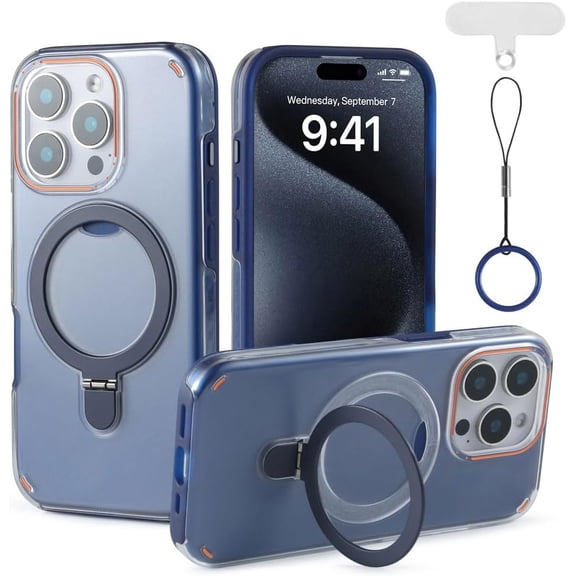 MKEUDQ-for iPhone 14 Pro Max Case with Adjustable Magnetic Stand, Two-in-one Phone Case, Compatible with Magsafe, Drop&Shockproof, Ring Lanyard and Pad Included, 6.7inch, Blue