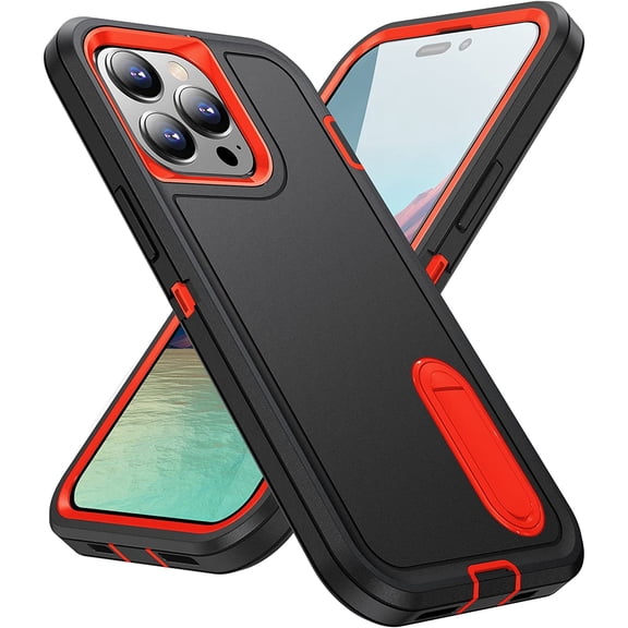 MKEUDQ-for iPhone 14 Pro Max Case with Build-in Kickstand,Heavy Duty Protection Shockproof Anti-Scratch Slim Fit Protective Sturdy Case Hard Cover for iPhone 14 Pro Max 6.7 Inch,Black/Orange