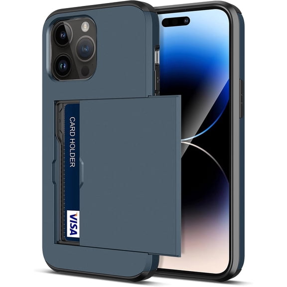 MKEUDQ-for iPhone 14 Pro Max Case Card Holder Wallet Slide Door Pocket for 2 Credit Card IDs License Access Card Hybrid Protective Wallet Phone Case for iPhone 14 Pro Max 6.7 2022 Women Men - Navy