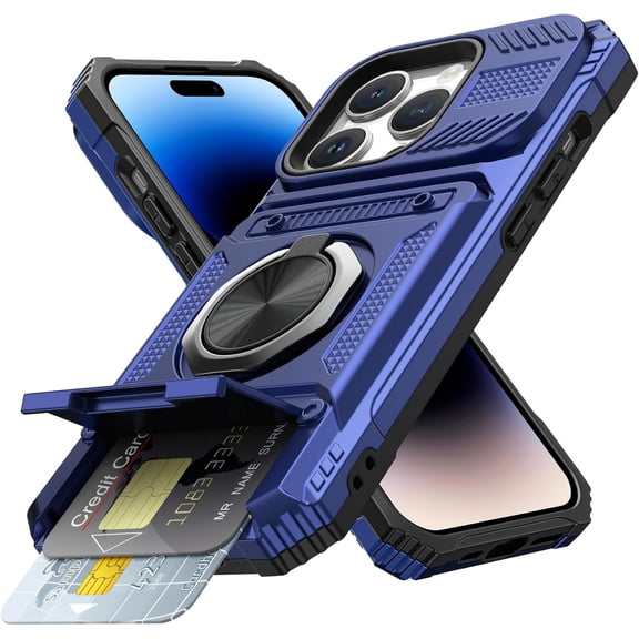 MKEUDQ-for iPhone 14 Pro Wallet Case with Card Holder [Store 2 Cards] + 360 Magnetic Rotatable Ring Stand Kickstand Heavy Duty Protective Wallet Phone Case for iPhone 14 Pro for Women Men, Blue