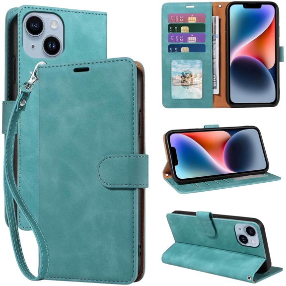 MKEUDQ-for iPhone 14 Wallet Case, [RFID Blocking 4 Card Slots] [Kickstand] [Wrist Strap] [Magnetic Closure] Soft PU Leather Shockproof Protective Flip Cover for iPhone 14 Case 6.1 Inch (Green)