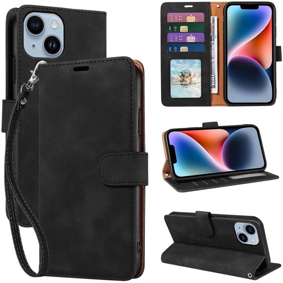 MKEUDQ-for iPhone 14 Wallet Case, [RFID Blocking 4 Card Slots] [Kickstand] [Wrist Strap] [Magnetic Closure] Soft PU Leather Shockproof Protective Flip Cover for iPhone 14 Case 6.1 Inch (Black)