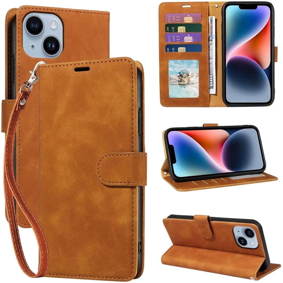 MKEUDQ-for iPhone 14 Wallet Case, [RFID Blocking 4 Card Slots] [Kickstand] [Wrist Strap] [Magnetic Closure] Soft PU Leather Shockproof Protective Flip Cover for iPhone 14 Case 6.1 Inch (Brown)